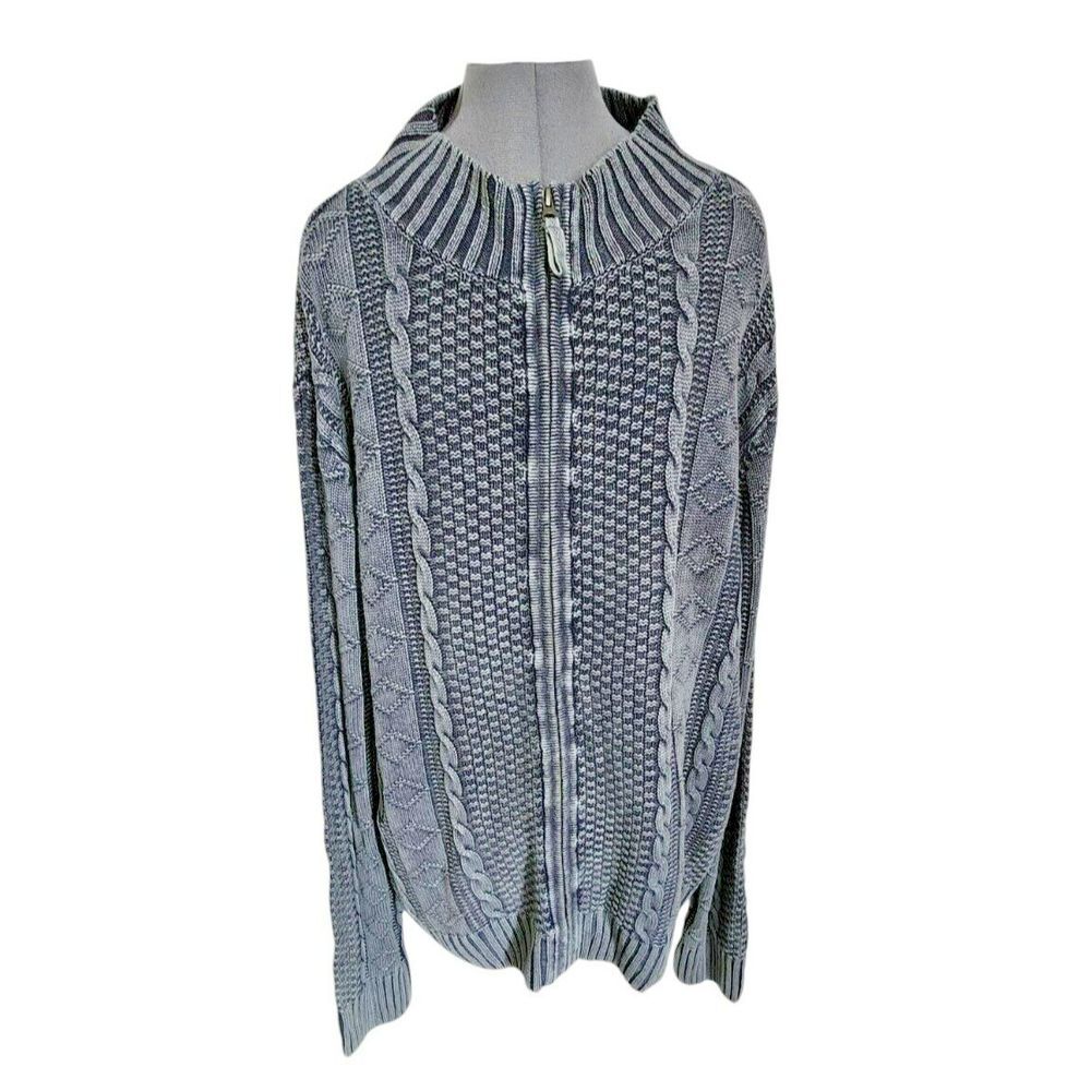 Carbon2Cobalt Mens XXL Blue Linen Cotton Cable‎ Knit Full Zip Sweater Mock Neck